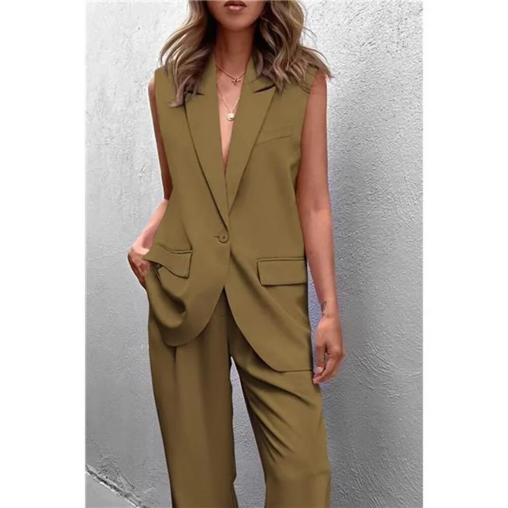 Sleeveless Blazer Set Wide Leg Pants Business Casual V Neck Vest Women - Picture 3 of 6